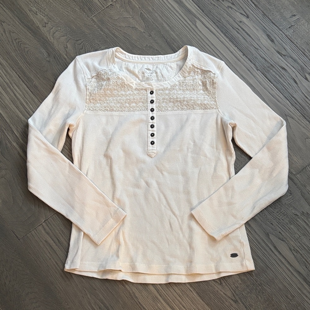 Bob Timberlake | Cream Crochet Detail Long Sleeve Thermal Henley Top Size Small